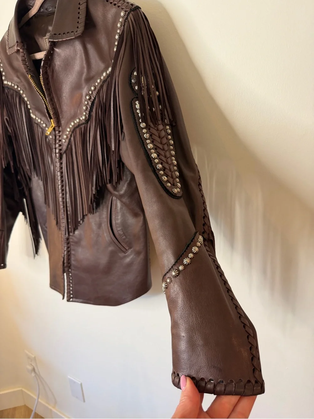 Appaloosa Trading Co 100% Leather Fringe Western Jacket Brown Concho woman large